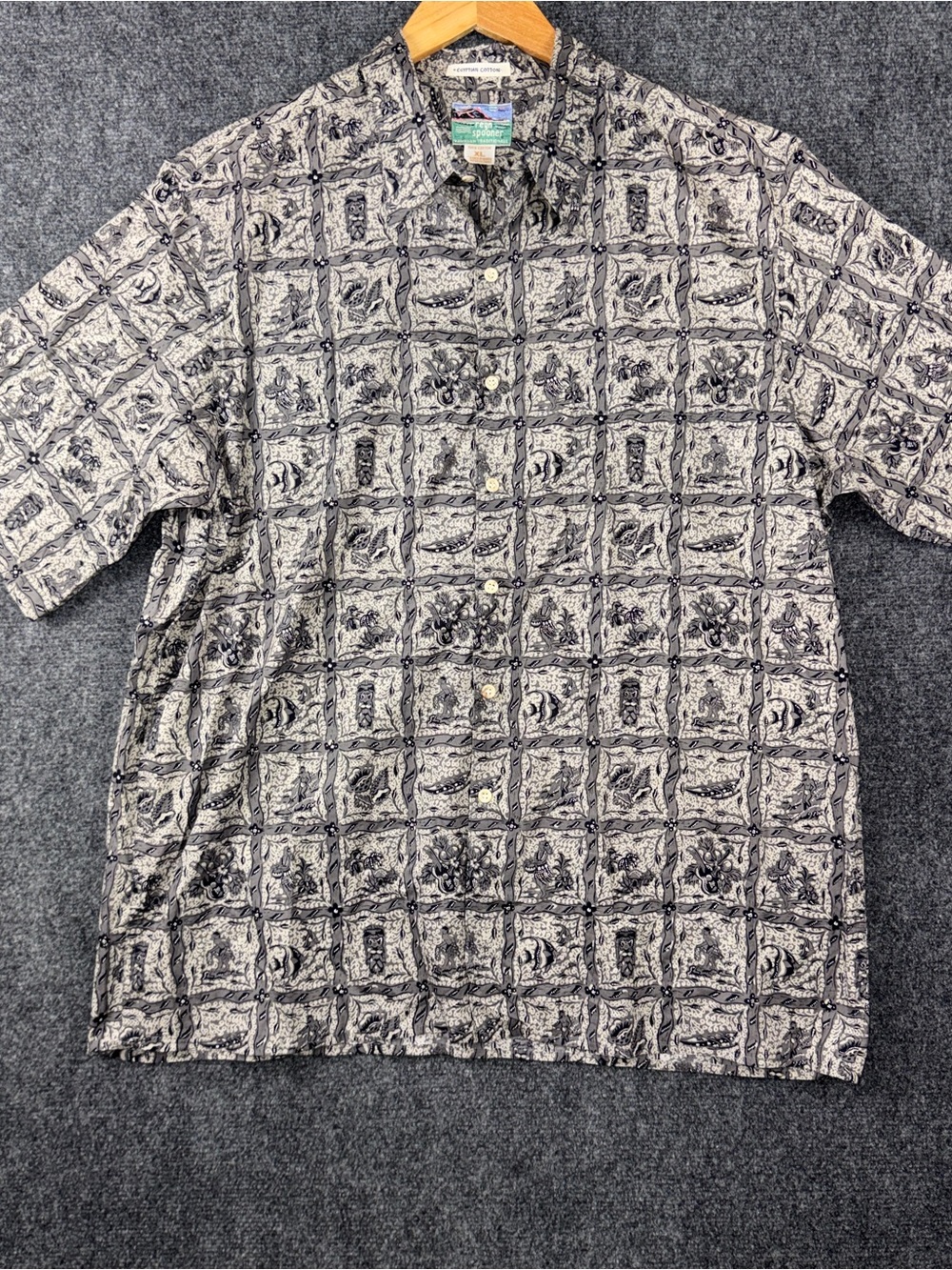 Reyn Spooner Shirt Mens XL Gray Hawaiian Aloha Graphic Print Button Front Casual